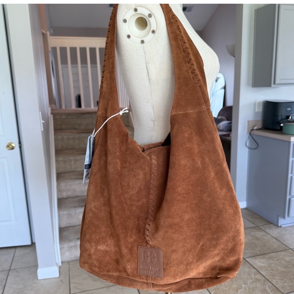 NWT New Haute Hippie Suede Bag Cognac Brown Shoulder Hobo Slouchy Brooklyn Bag - Picture 5 of 8